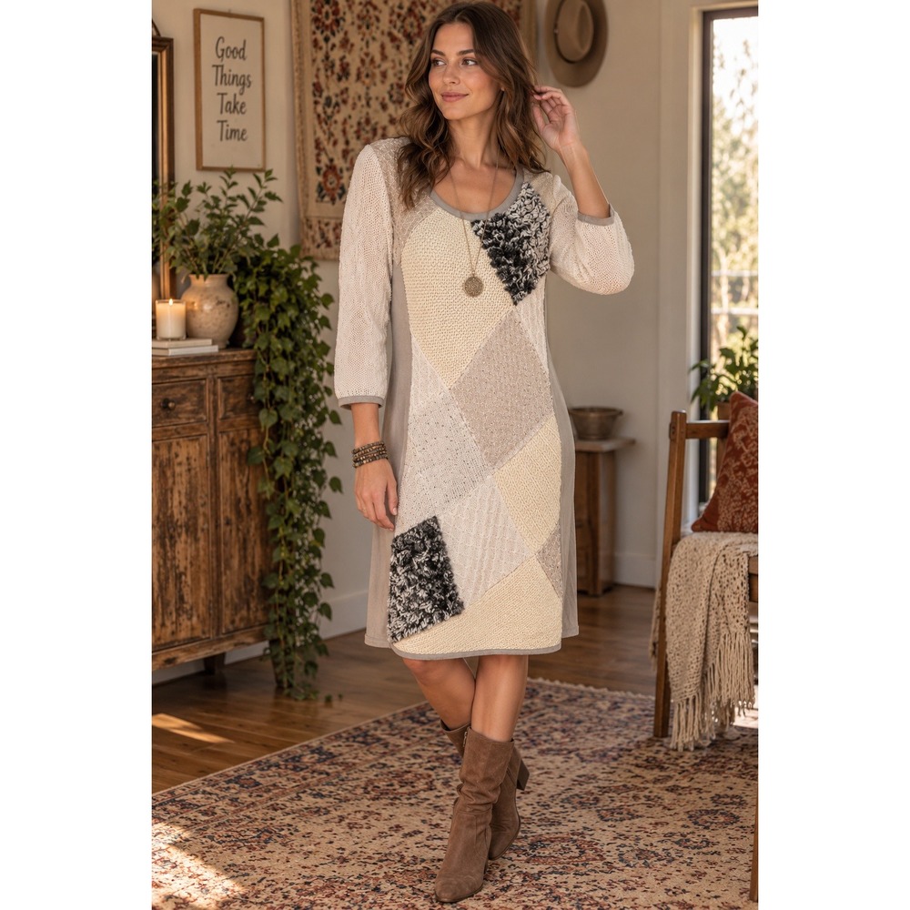 562. Boho Mixed Media Patchwork Sweater Dress Tan Cream Faux Fur Accent